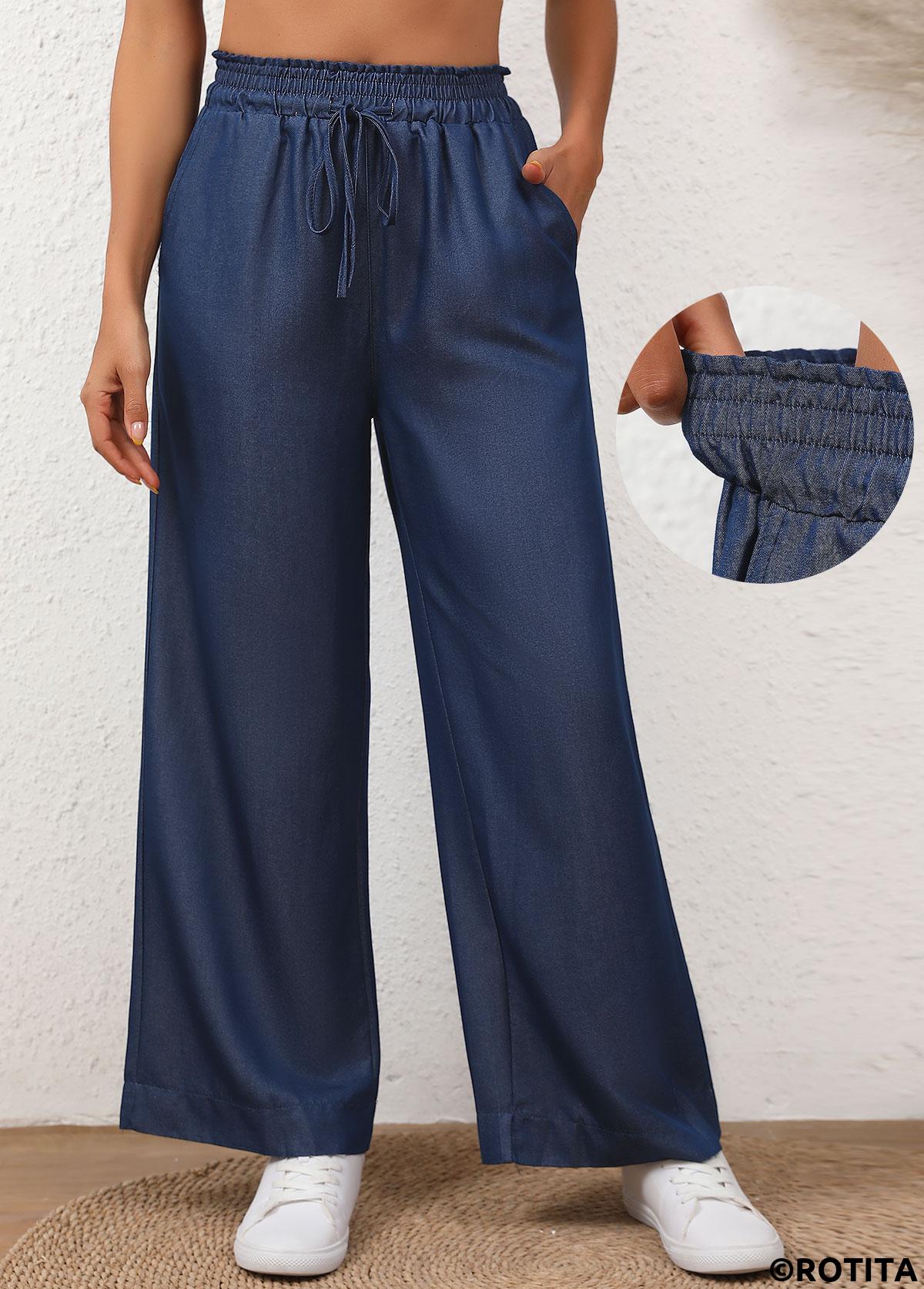 Denim Blue bottoms,Plain Color bottoms,Drawstring Denim Blue Elastic Waist High Waisted Jeans