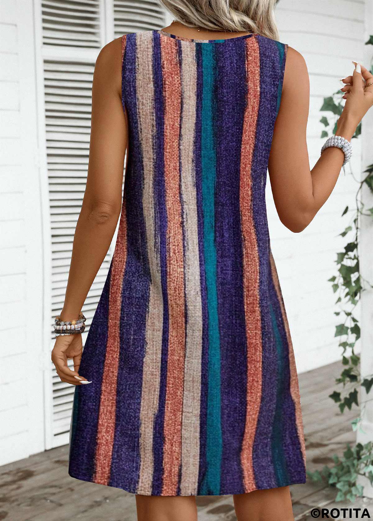 Multi Color dresses,Striped dresses,Geometric dresses,Everyday dresses,Casual dresses,ROTITA Breathable Striped Multi Color A Line Round Neck Dress