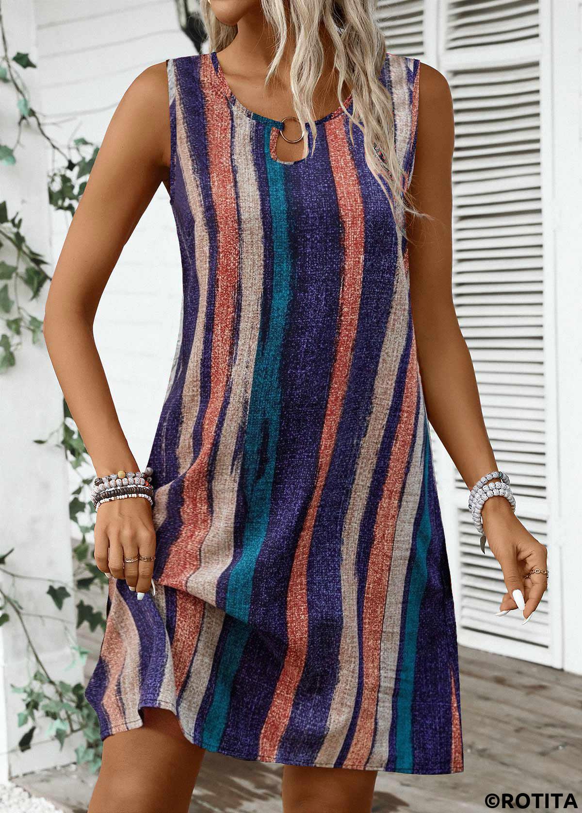 Multi Color dresses,Striped dresses,Geometric dresses,Everyday dresses,Casual dresses,ROTITA Breathable Striped Multi Color A Line Round Neck Dress