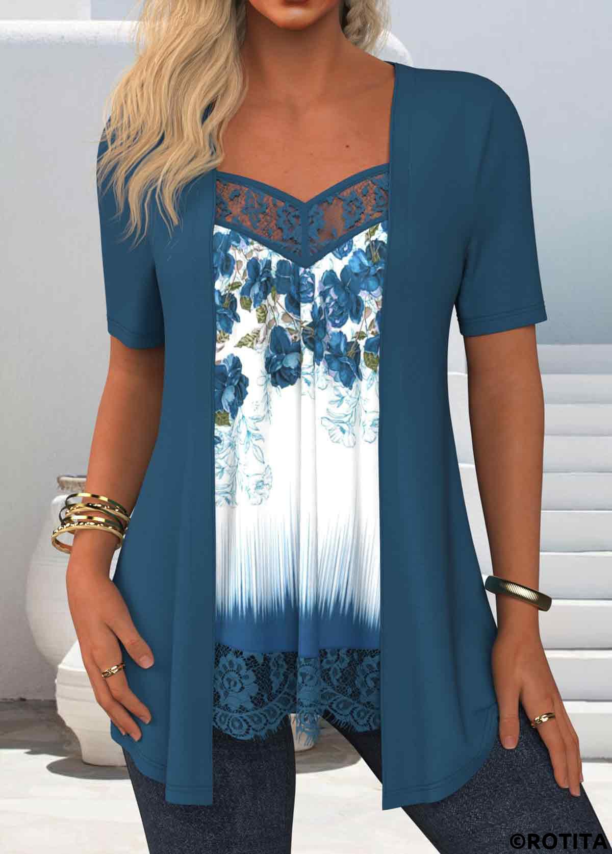 Peacock Blue tops,Floral tops,Plants tops,ROTITA Lace Floral Print Peacock Blue Fake Two Piece Twinset