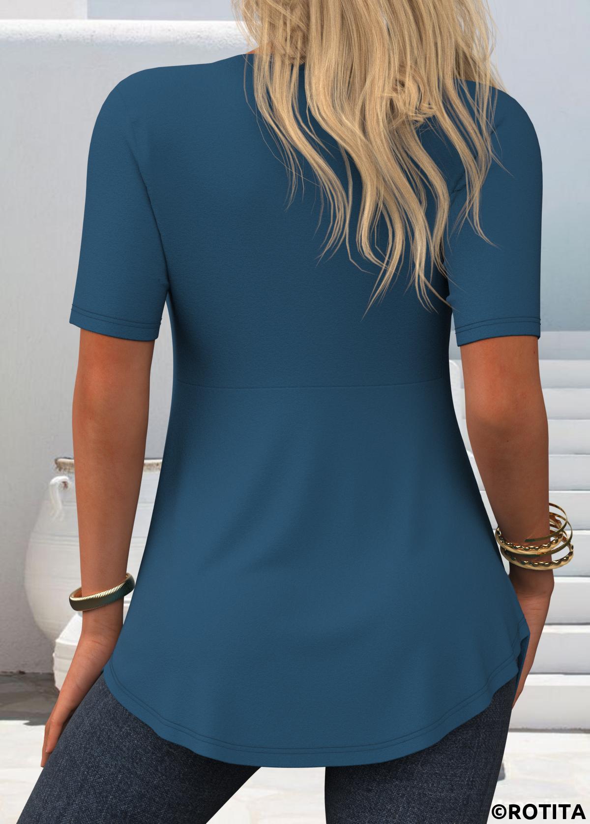Peacock Blue tops,Floral tops,Plants tops,ROTITA Lace Floral Print Peacock Blue Fake Two Piece Twinset