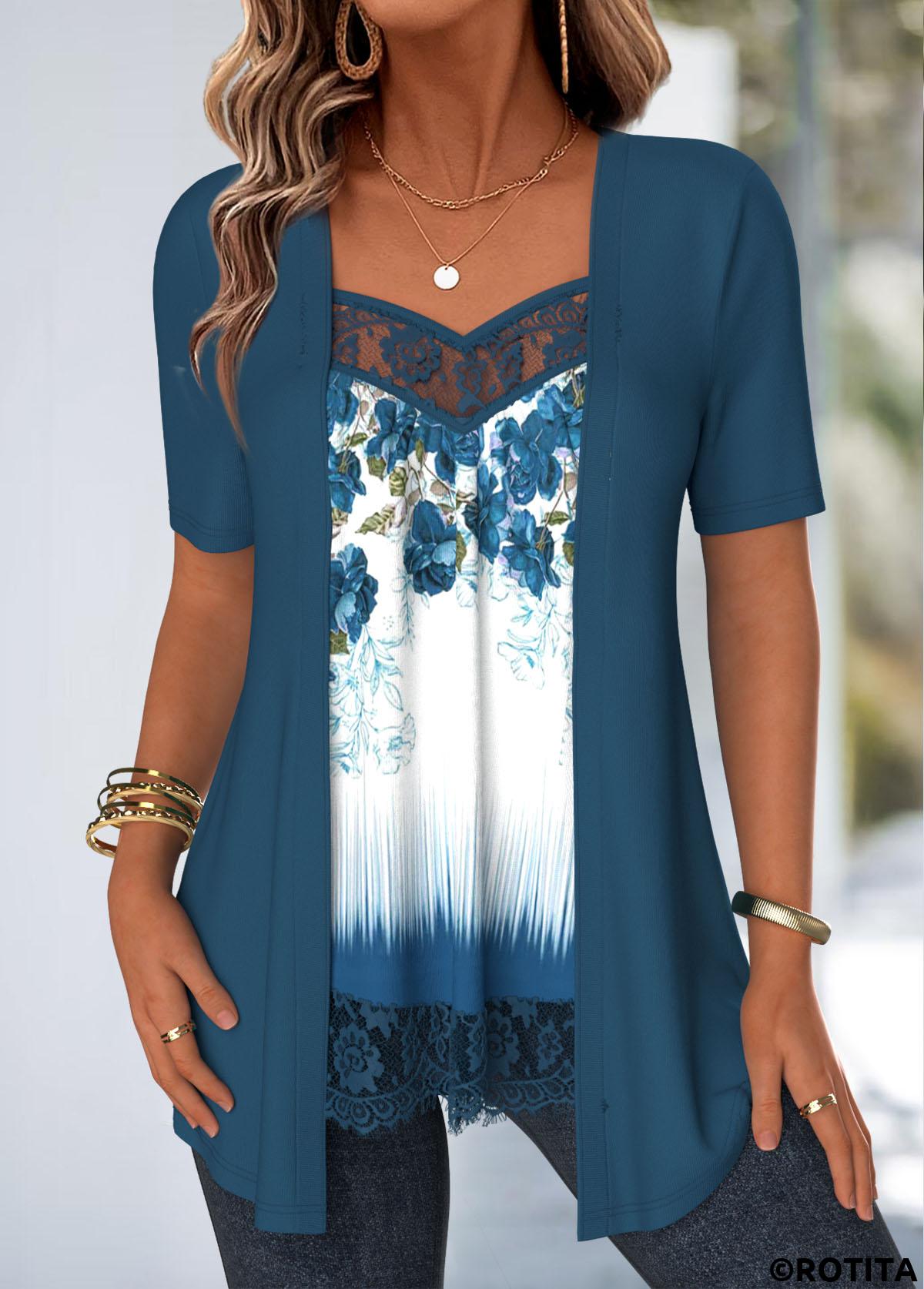 Peacock Blue tops,Floral tops,Plants tops,ROTITA Lace Floral Print Peacock Blue Fake Two Piece Twinset