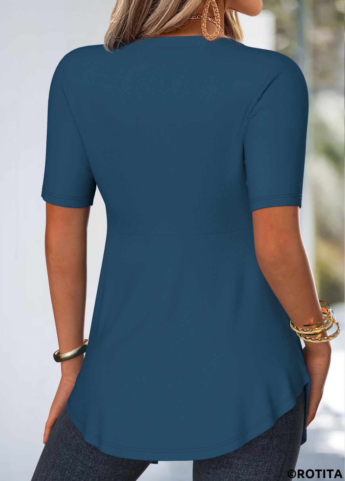 Peacock Blue tops,Floral tops,Plants tops,ROTITA Lace Floral Print Peacock Blue Fake Two Piece Twinset