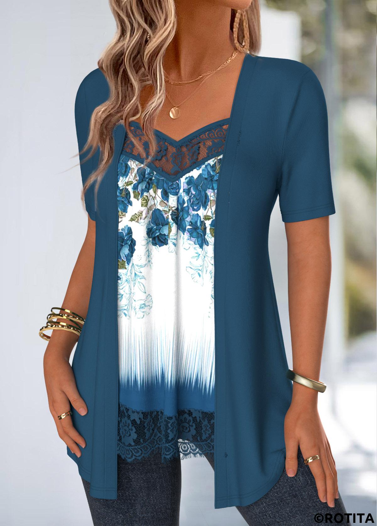 Peacock Blue tops,Floral tops,Plants tops,ROTITA Lace Floral Print Peacock Blue Fake Two Piece Twinset