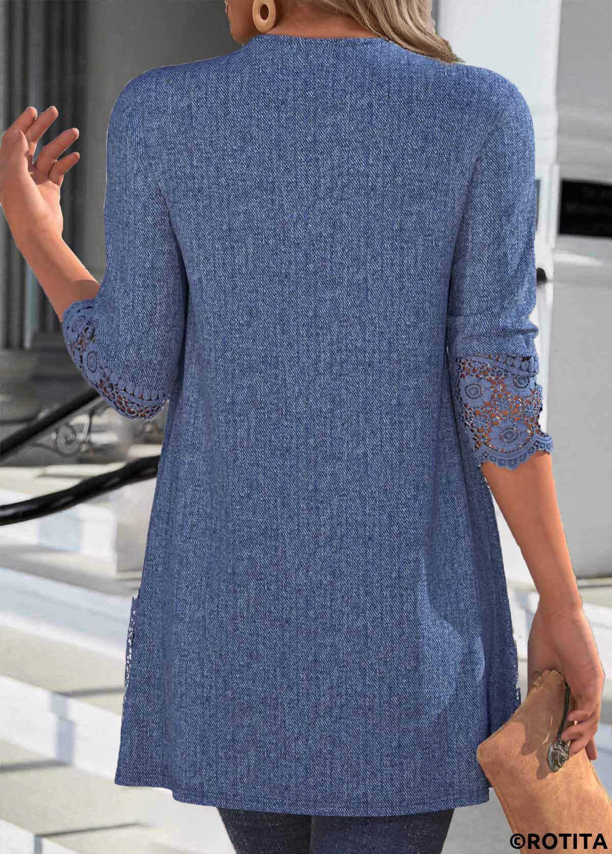 Denim Blue tops,Plain Color tops,ROTITA Patchwork Denim Blue 3/4 Sleeve Light Cardigan
