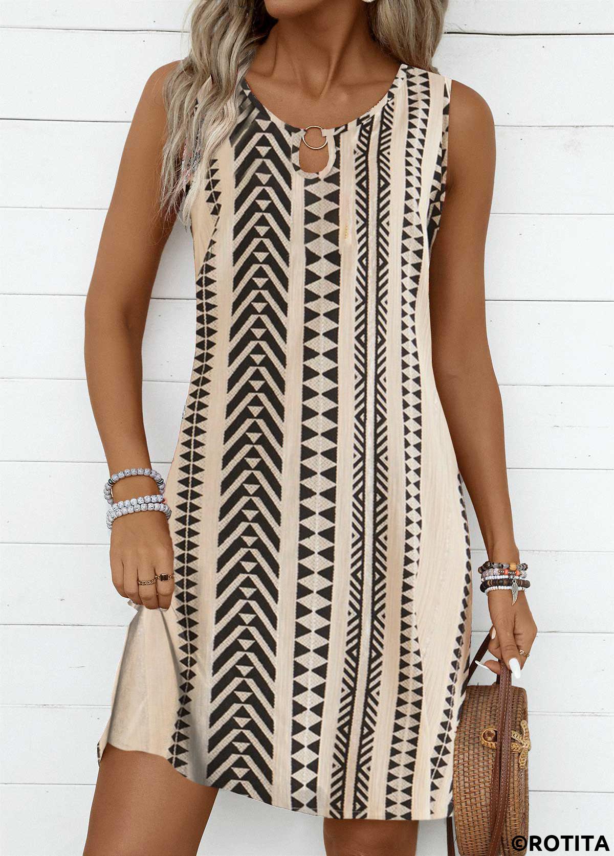 Light Camel dresses,Black dresses,Striped dresses,Geometric dresses,Everyday dresses,Casual dresses,ROTITA Circular Ring Striped Light Camel A Line Sleeveless Dress