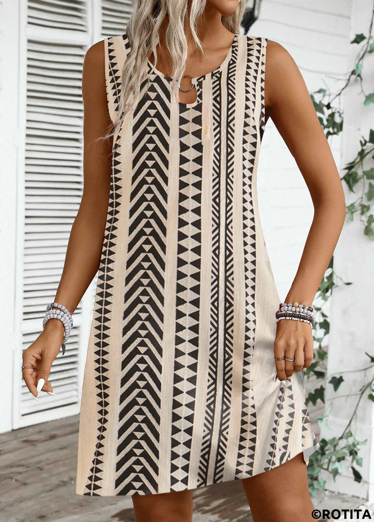Light Camel dresses,Black dresses,Striped dresses,Geometric dresses,Everyday dresses,Casual dresses,ROTITA Circular Ring Striped Light Camel A Line Sleeveless Dress
