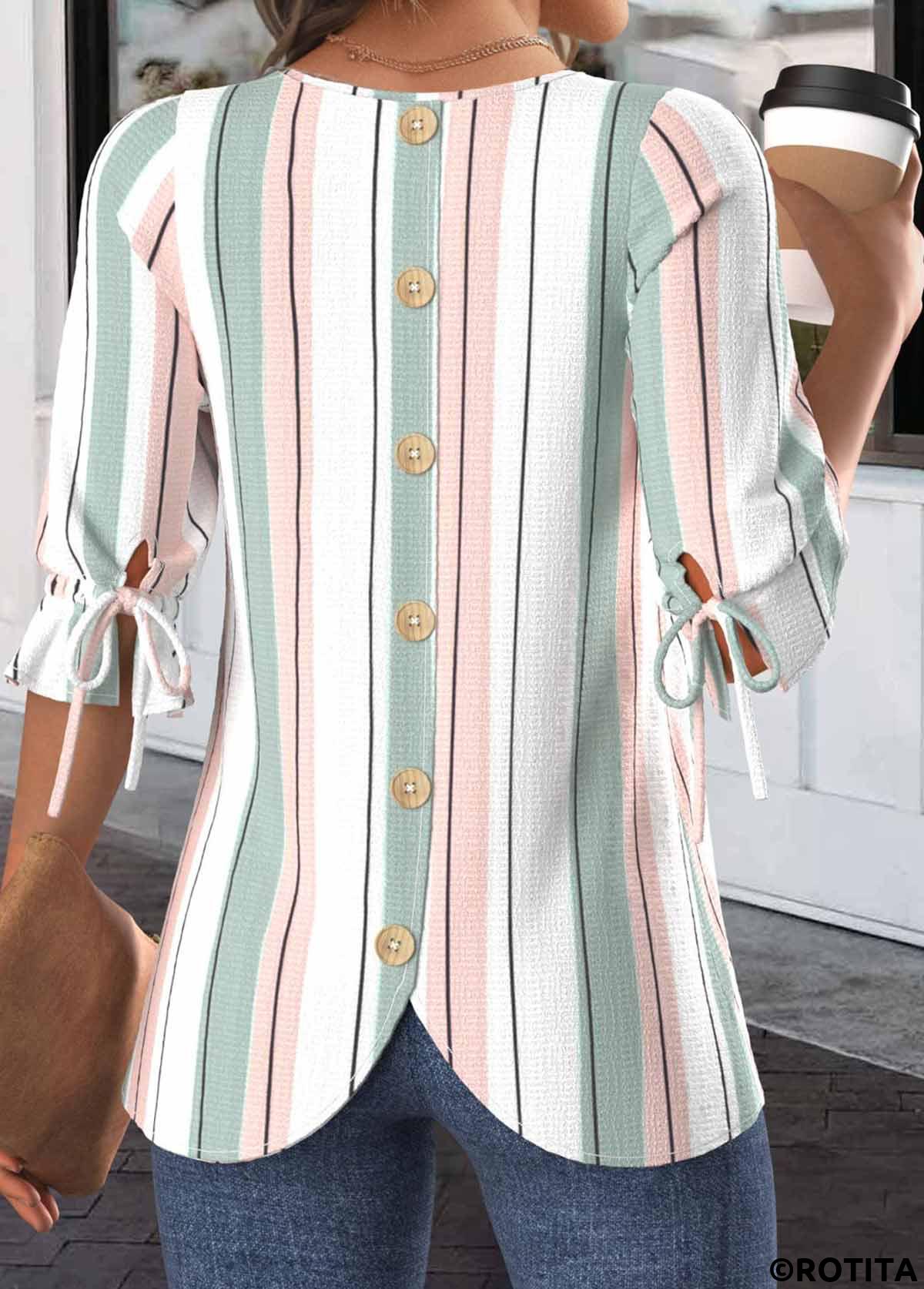 White tops,Light Pink tops,Striped tops,Geometric tops,ROTITA Plus Size Button White Striped Round Neck Blouse