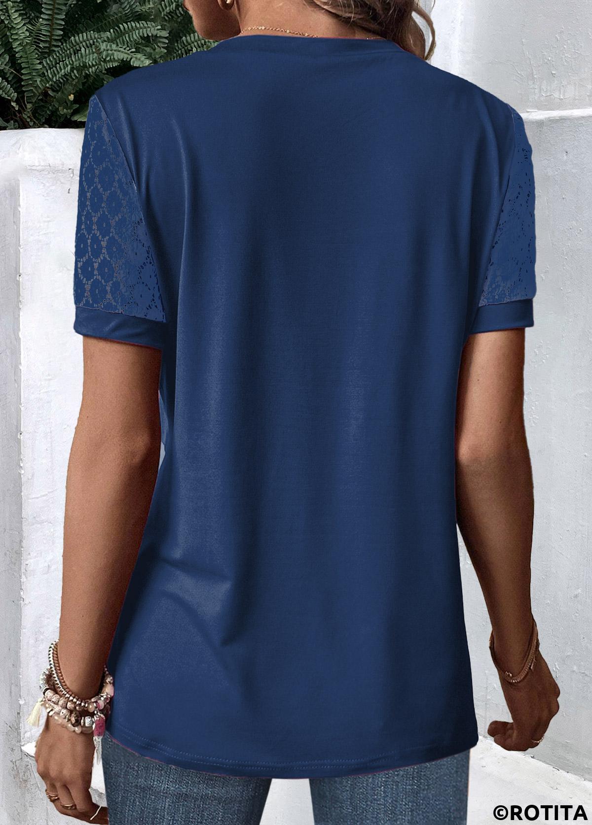 Peacock Blue tops,Pink tops,Striped tops,Geometric tops,ROTITA Lace Striped Peacock Blue Round Neck T Shirt
