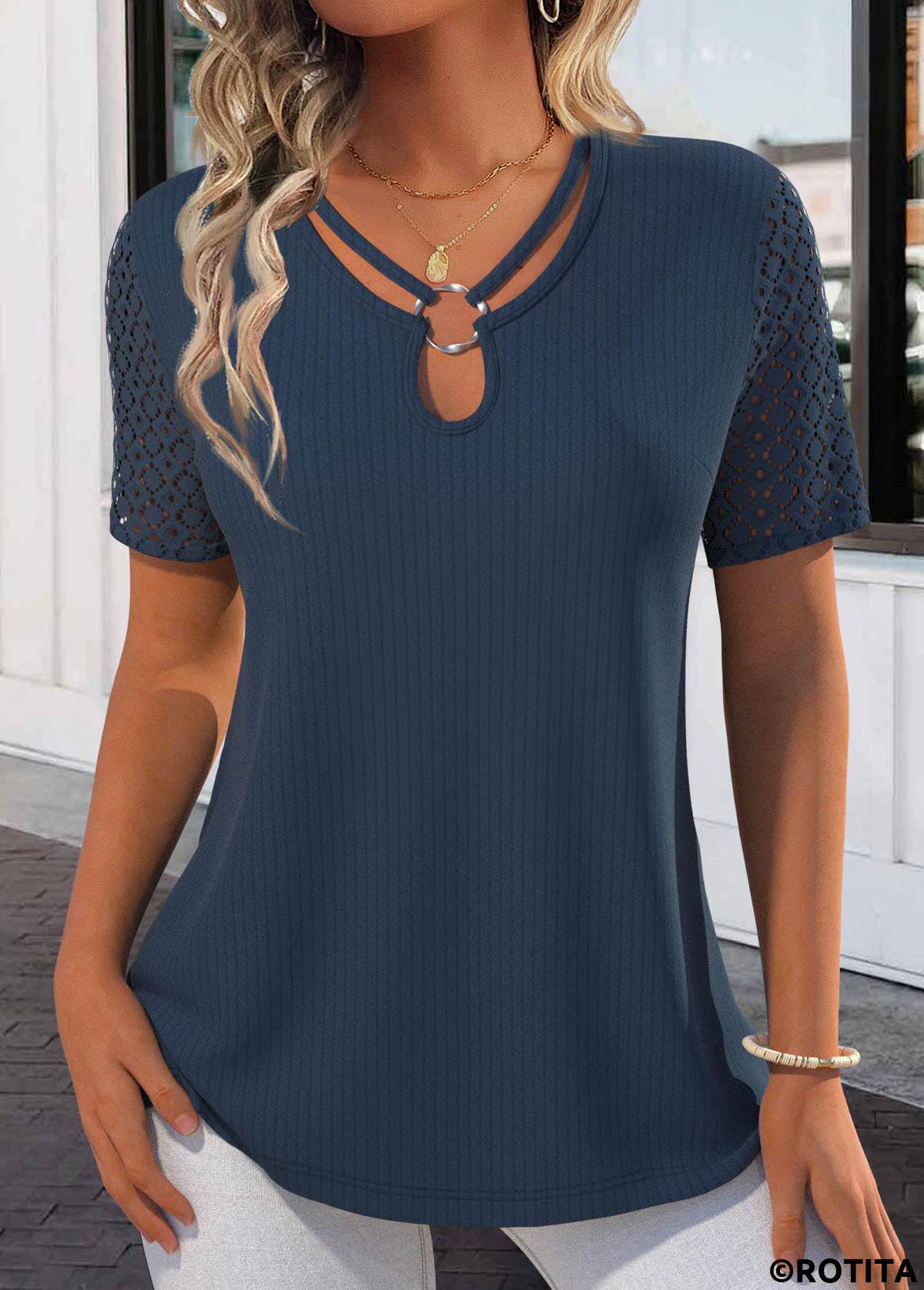 Navy plus size,Plain Color plus size,ROTITA Plus Size Lace Navy Tie Collar T Shirt