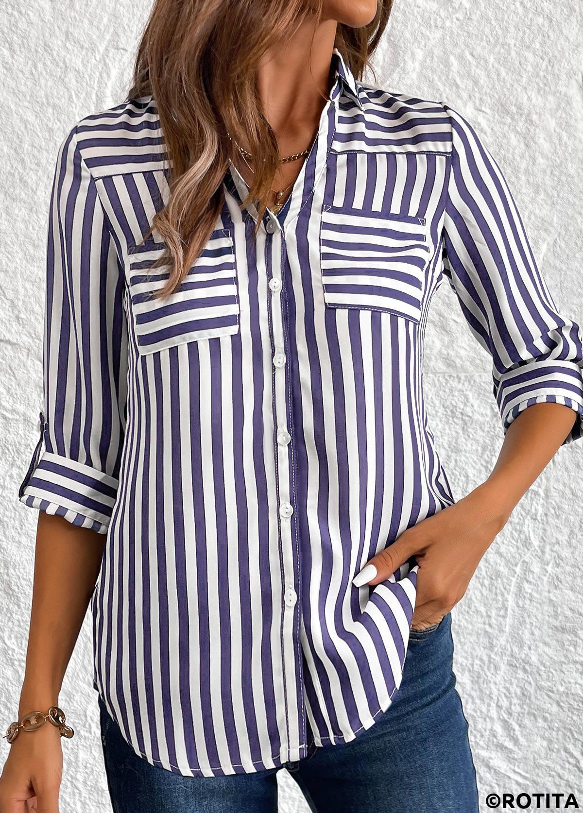 Navy tops,Striped tops,Geometric tops,ROTITA Button Striped Navy 3/4 Sleeve Shirt
