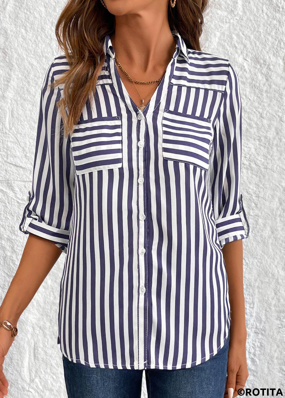 Navy tops,Striped tops,Geometric tops,ROTITA Button Striped Navy 3/4 Sleeve Shirt