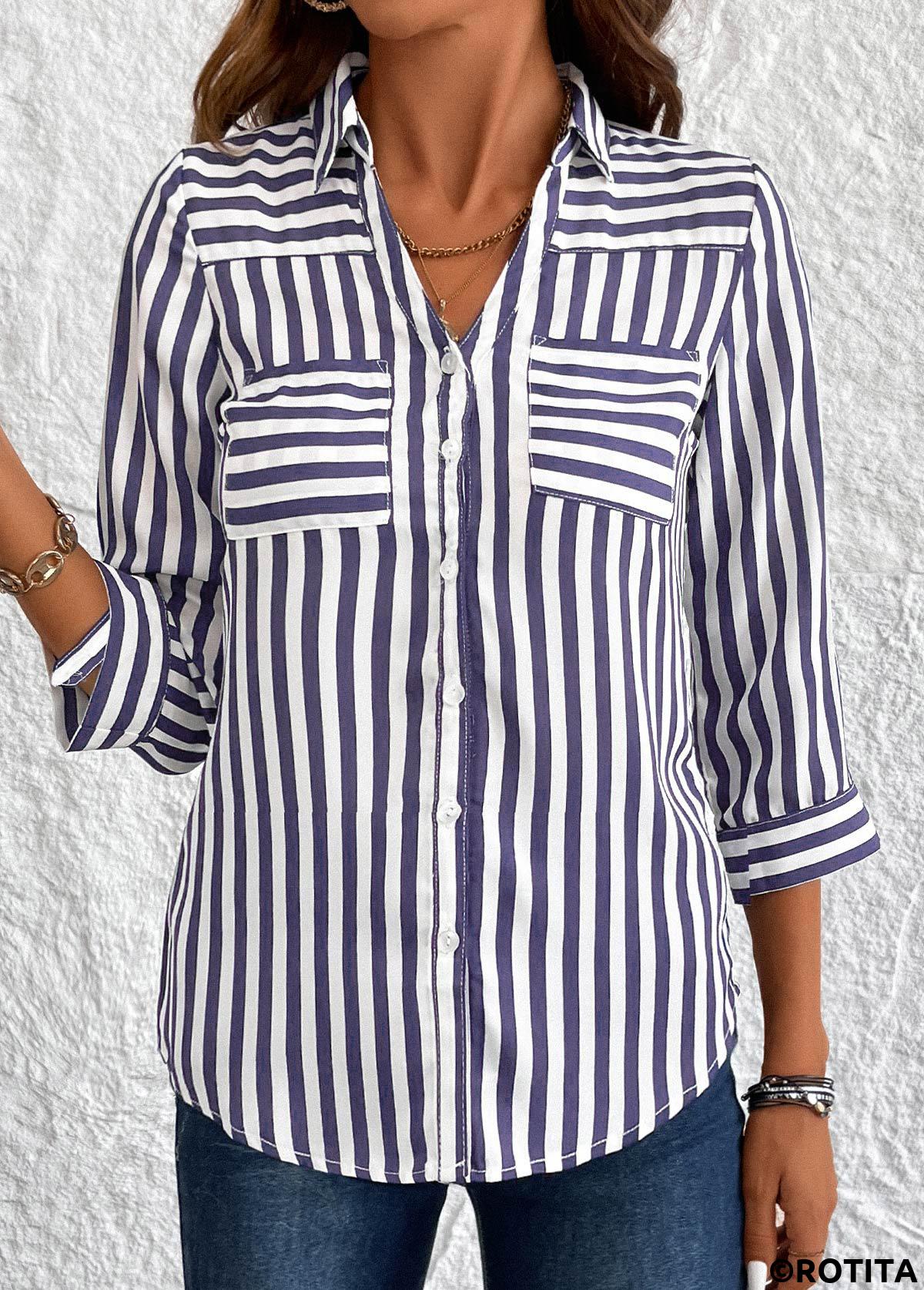 Navy tops,Striped tops,Geometric tops,ROTITA Button Striped Navy 3/4 Sleeve Shirt