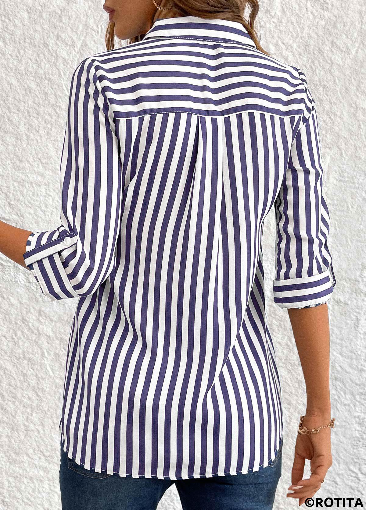 Navy tops,Striped tops,Geometric tops,ROTITA Button Striped Navy 3/4 Sleeve Shirt