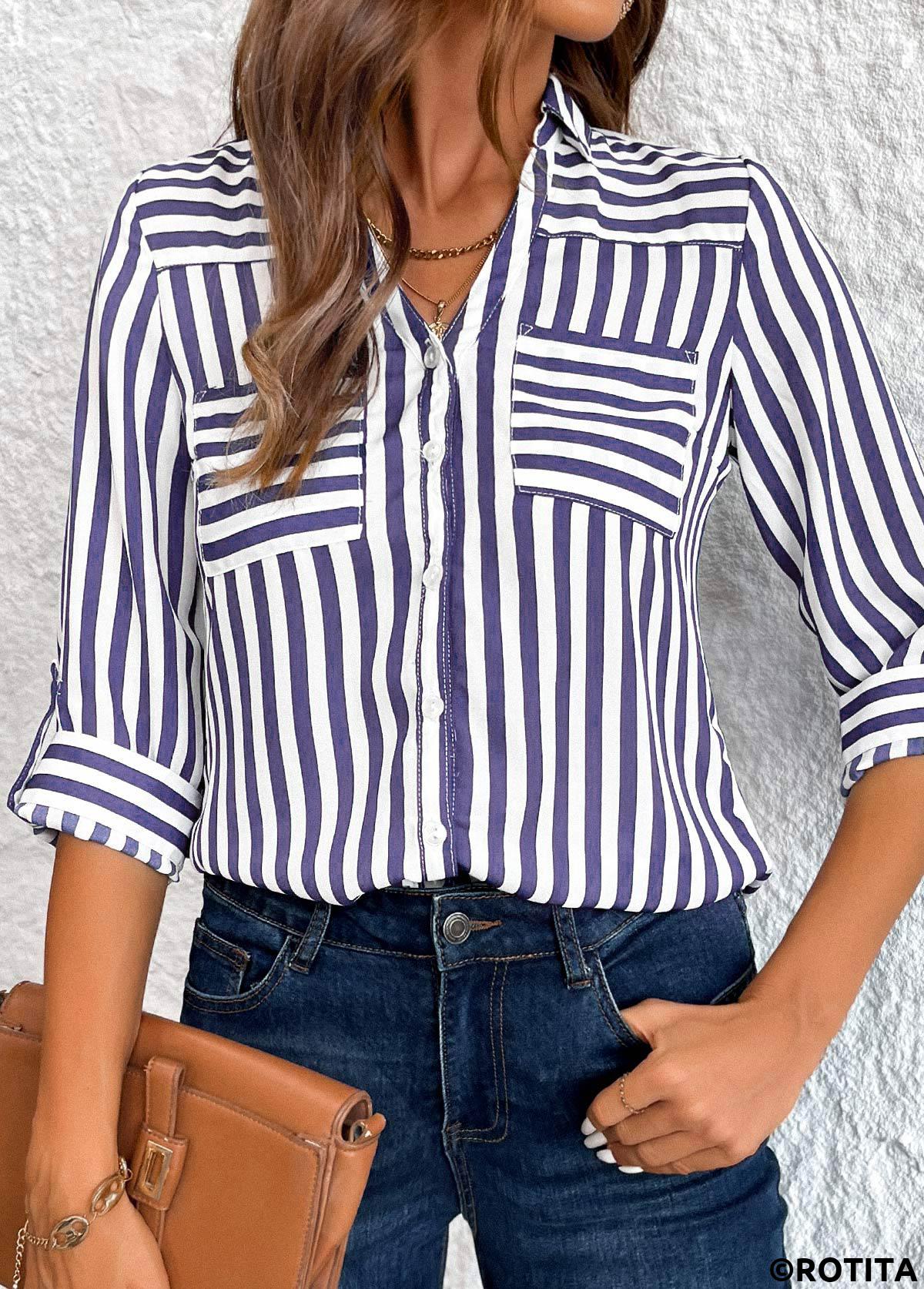Navy tops,Striped tops,Geometric tops,ROTITA Button Striped Navy 3/4 Sleeve Shirt
