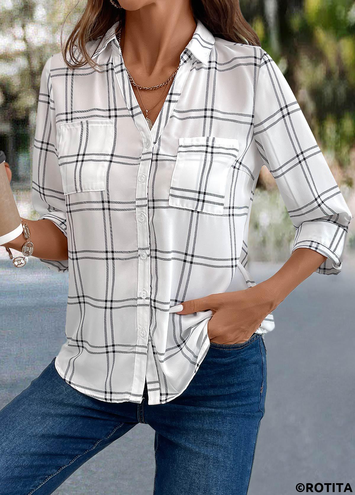 White tops,Plaid tops,Striped tops,Geometric tops,ROTITA Button Plaid White 3/4 Sleeve Shirt