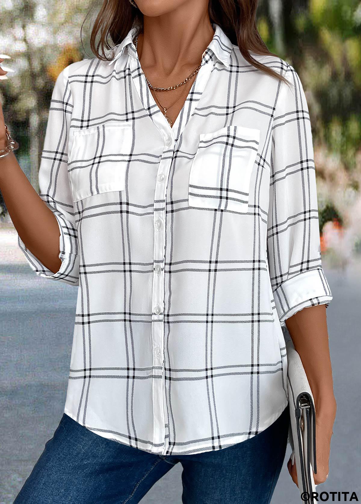 White tops,Plaid tops,Striped tops,Geometric tops,ROTITA Button Plaid White 3/4 Sleeve Shirt