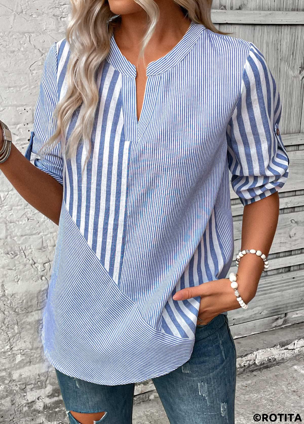 Dusty Blue tops,Striped tops,Geometric tops,ROTITA Split Striped Dusty Blue 3/4 Sleeve Blouse