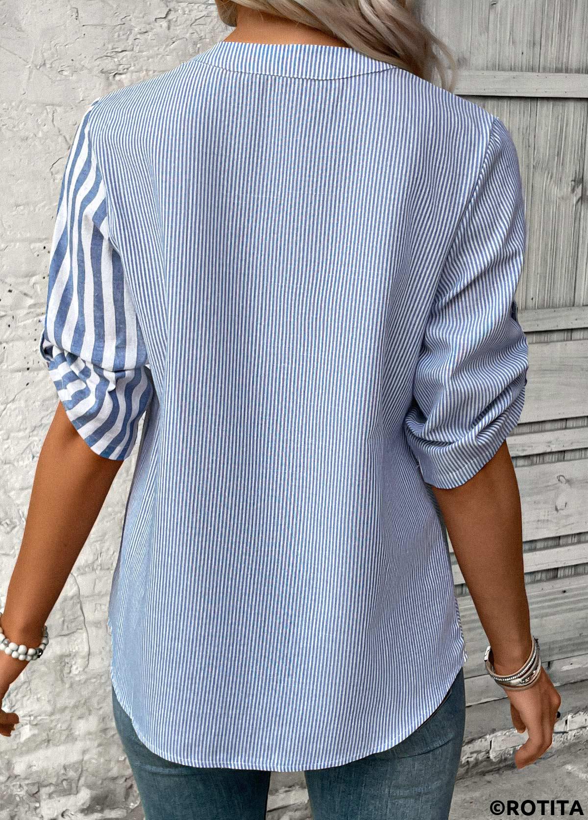 Dusty Blue tops,Striped tops,Geometric tops,ROTITA Split Striped Dusty Blue 3/4 Sleeve Blouse