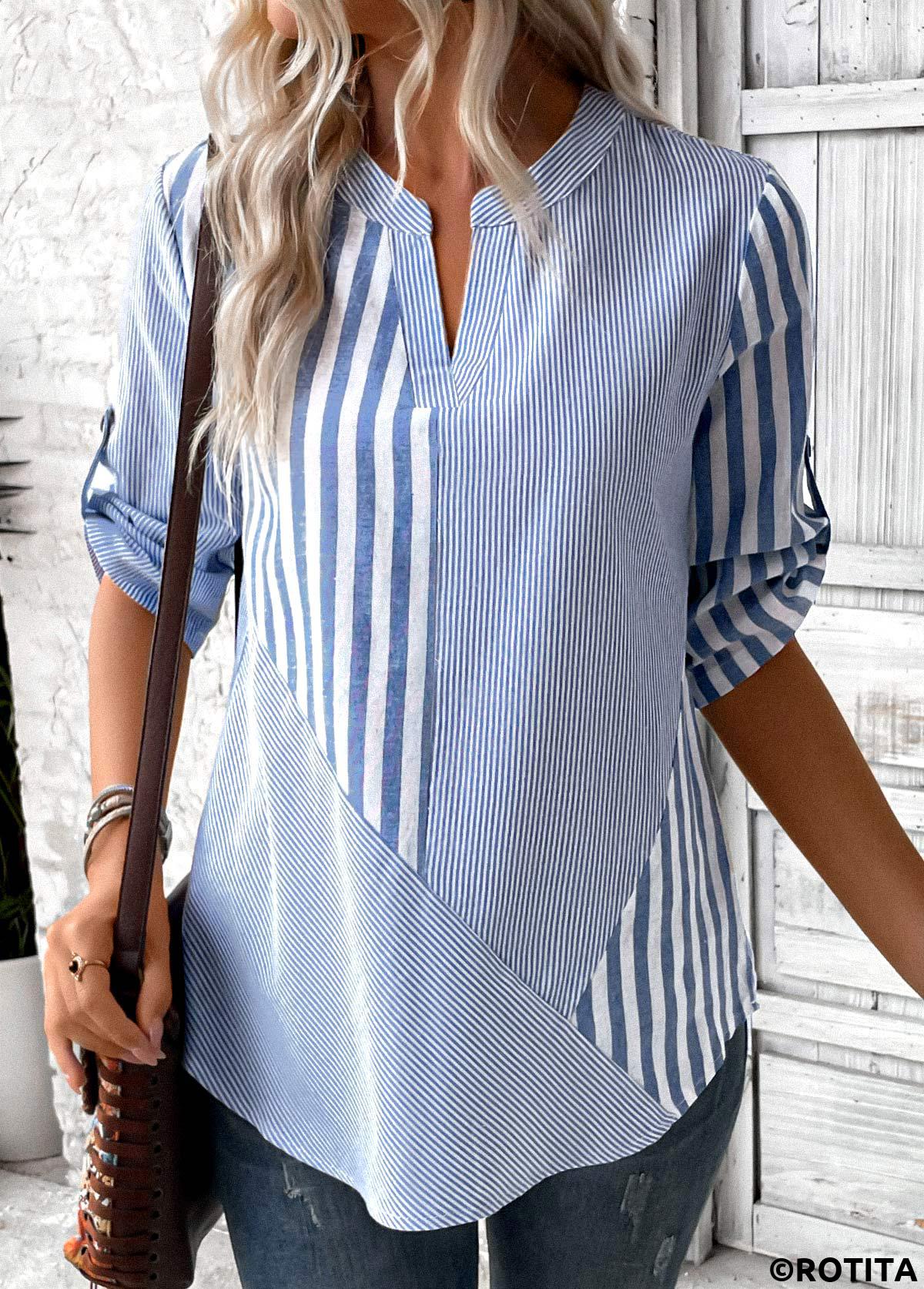 Dusty Blue tops,Striped tops,Geometric tops,ROTITA Split Striped Dusty Blue 3/4 Sleeve Blouse