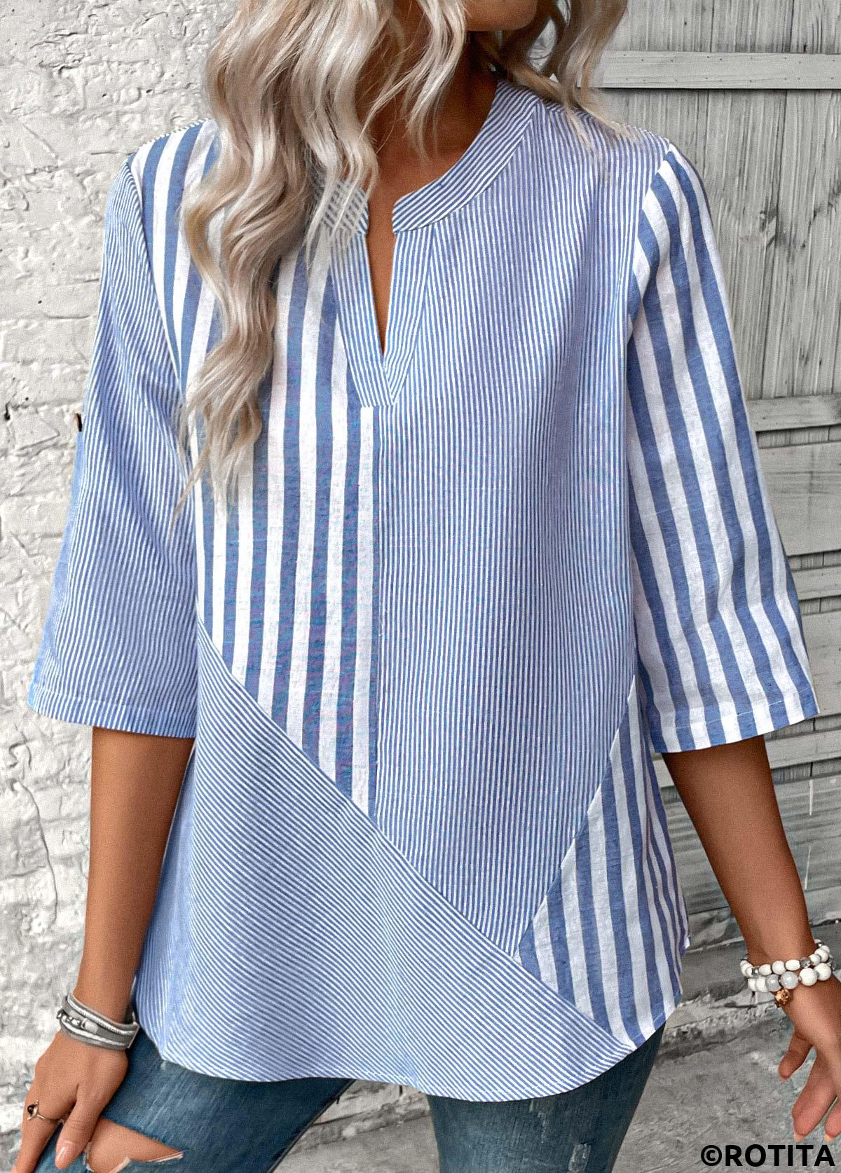 Dusty Blue tops,Striped tops,Geometric tops,ROTITA Split Striped Dusty Blue 3/4 Sleeve Blouse