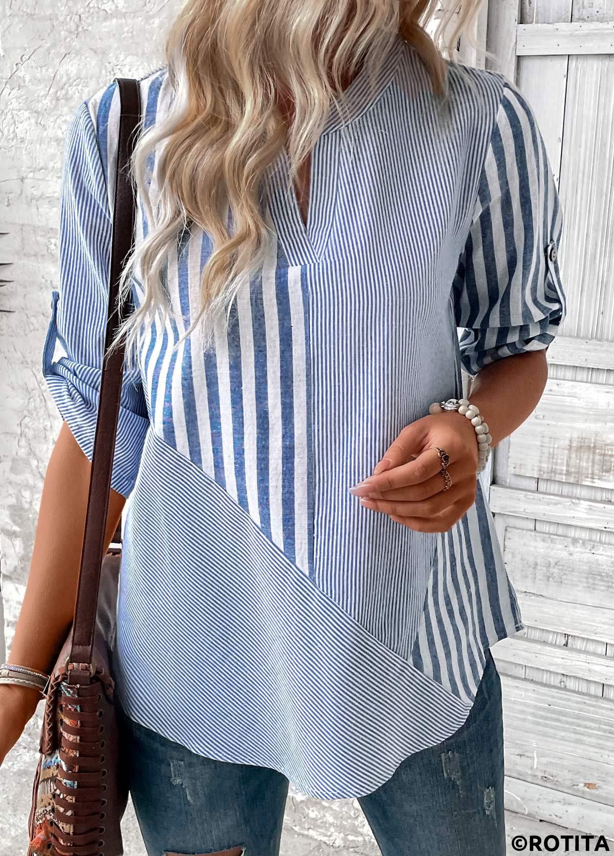 Dusty Blue tops,Striped tops,Geometric tops,ROTITA Split Striped Dusty Blue 3/4 Sleeve Blouse