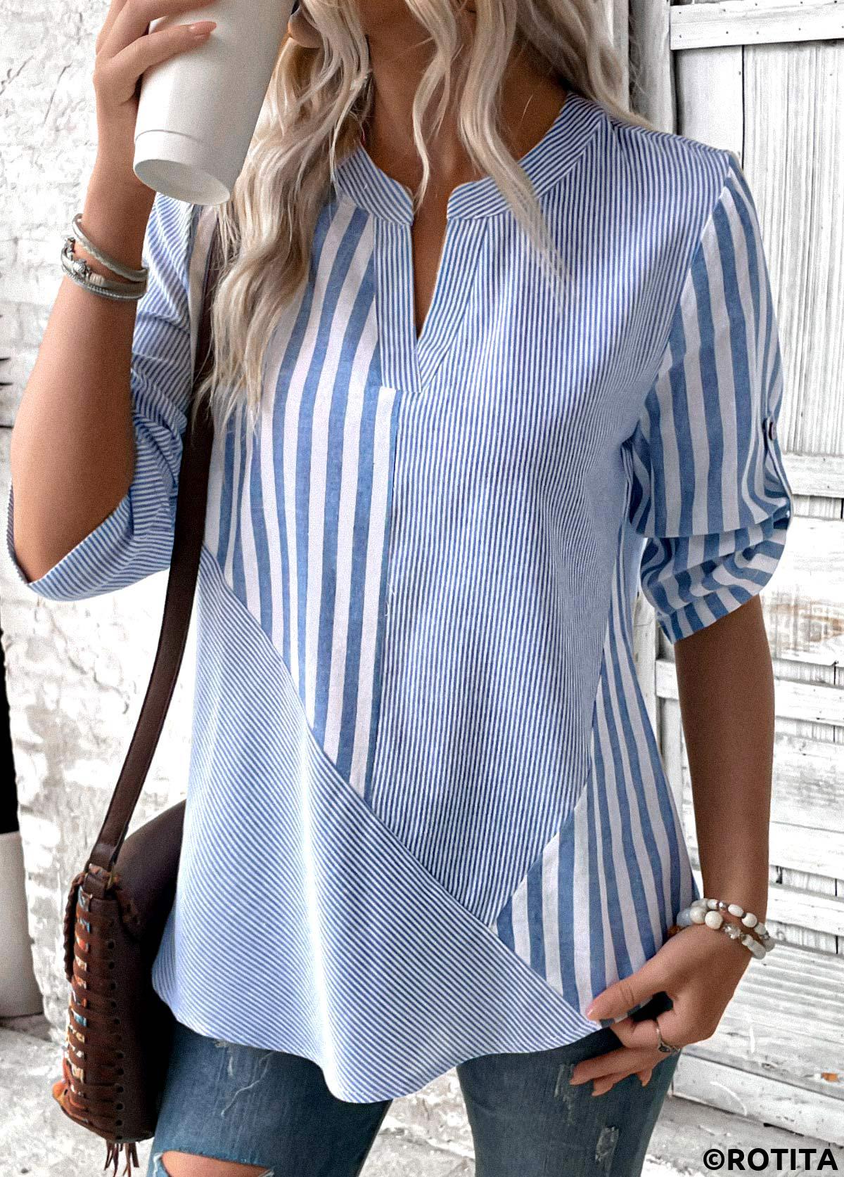 Dusty Blue tops,Striped tops,Geometric tops,ROTITA Split Striped Dusty Blue 3/4 Sleeve Blouse