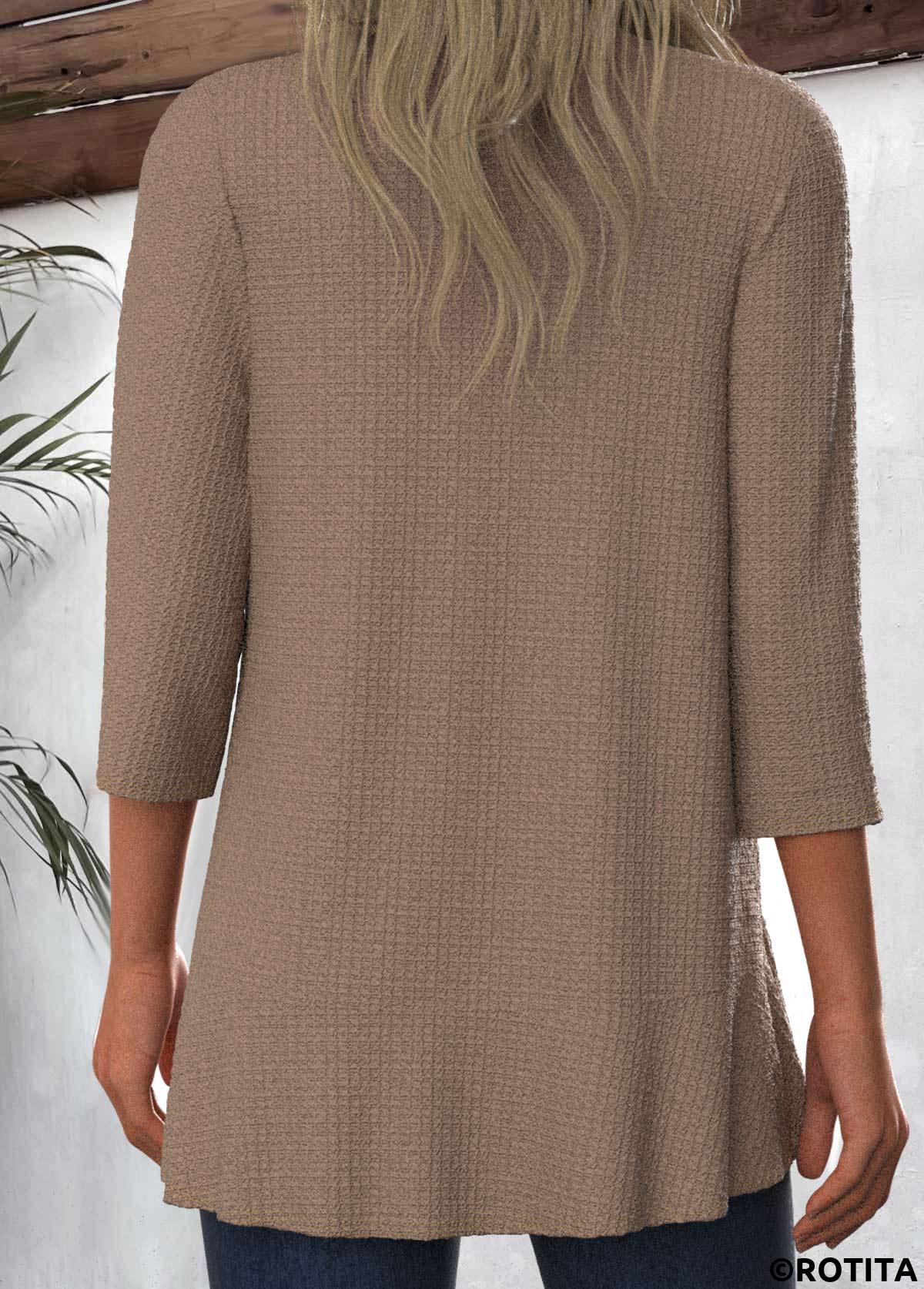 Light Coffee tops,Plain Color tops,ROTITA Ruffle Open Front 3/4 Sleeve Light Cardigan