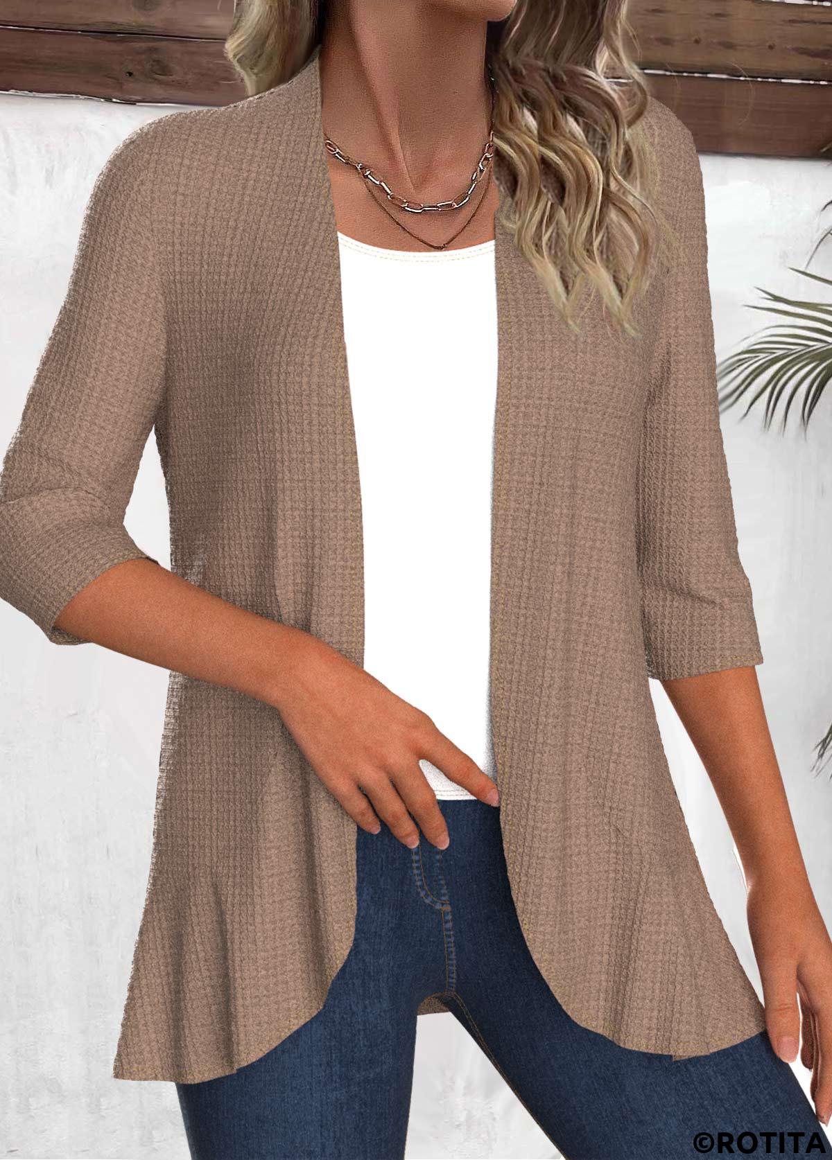Light Coffee tops,Plain Color tops,ROTITA Ruffle Open Front 3/4 Sleeve Light Cardigan