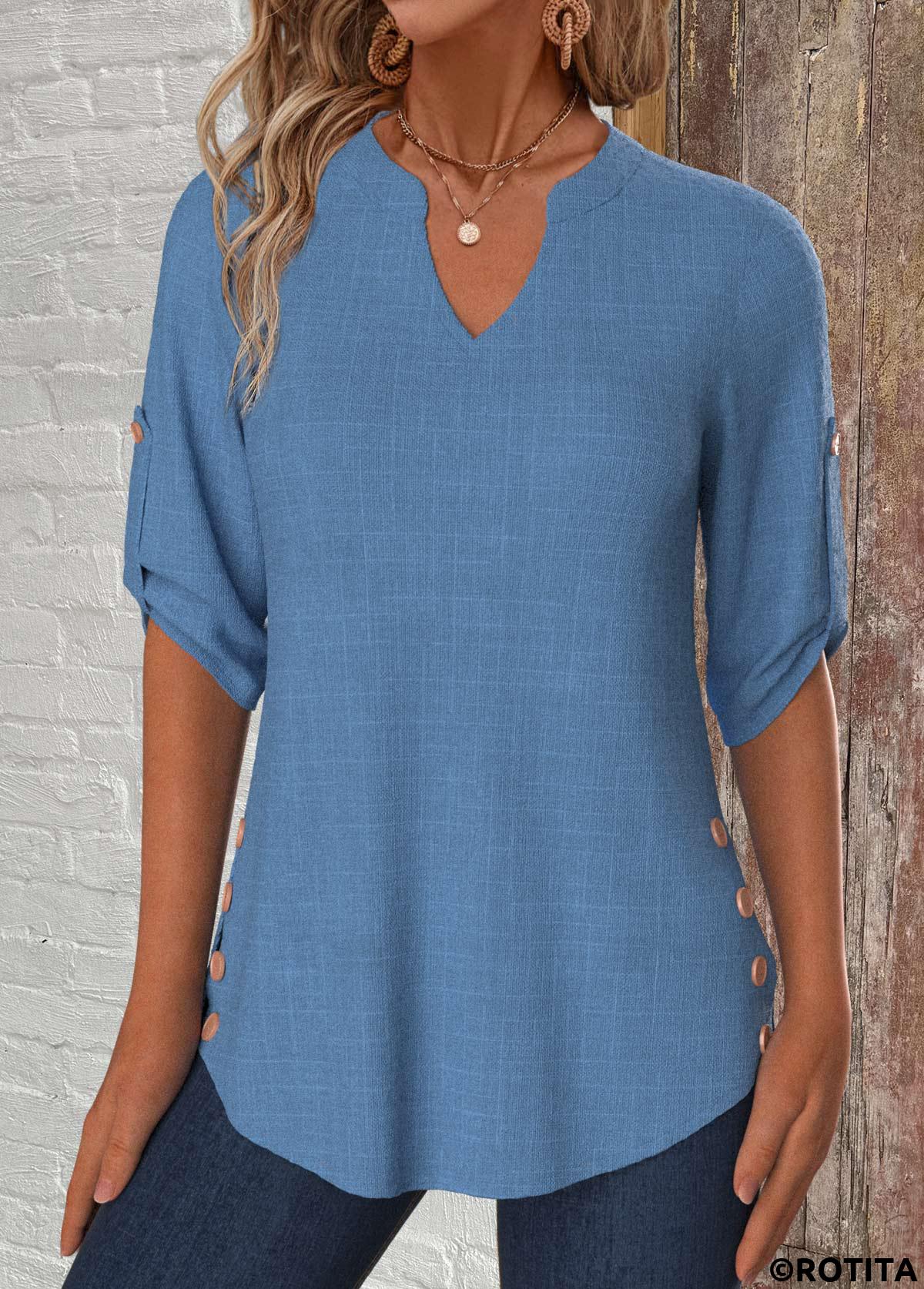Denim Blue tops,Plain Color tops,ROTITA Button Denim Blue Split Neck 3/4 Sleeve Blouse