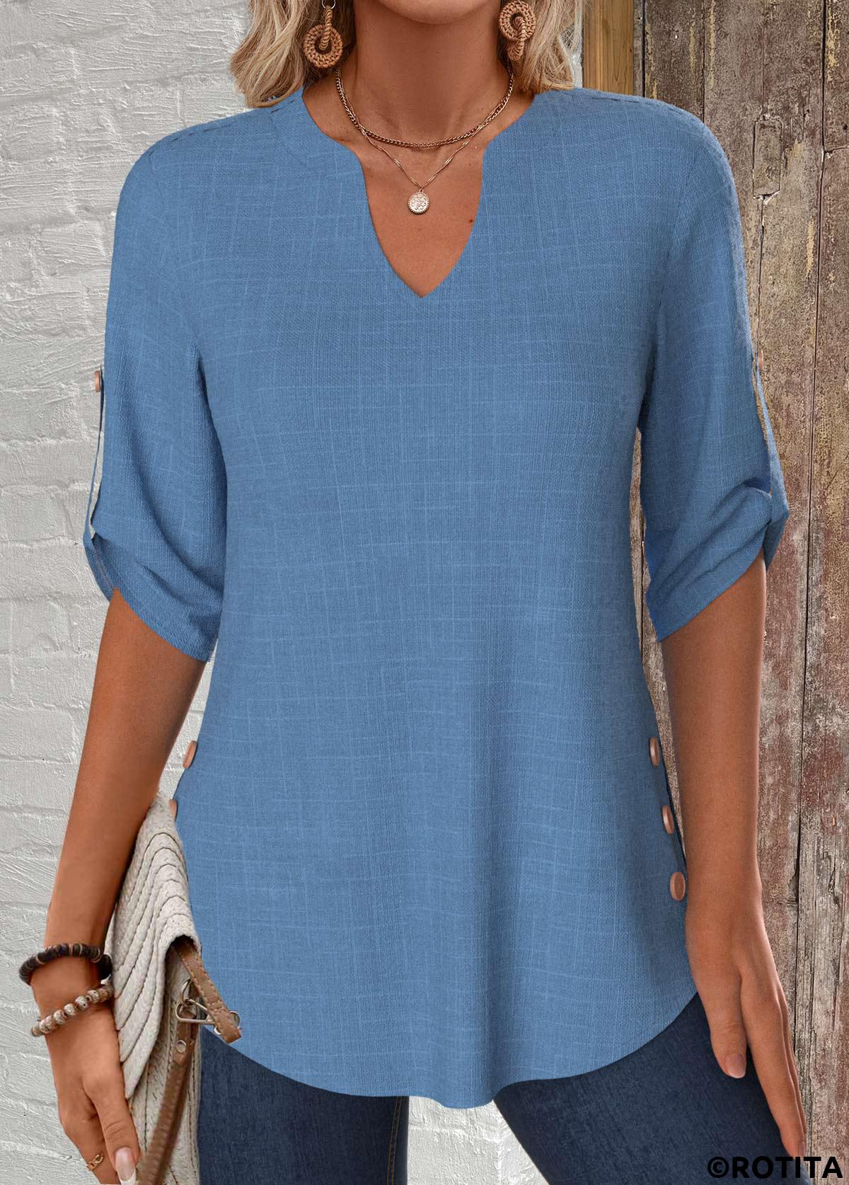 Denim Blue tops,Plain Color tops,ROTITA Button Denim Blue Split Neck 3/4 Sleeve Blouse