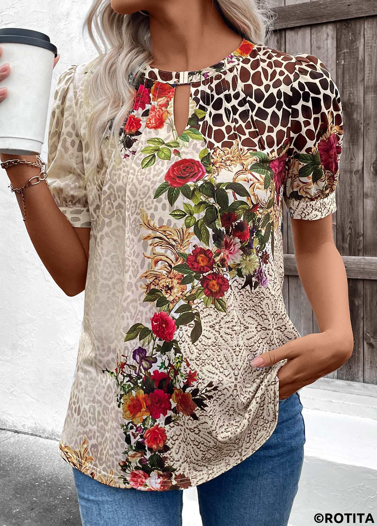 rotita t-shirt col rond beige imprimé floral découpé