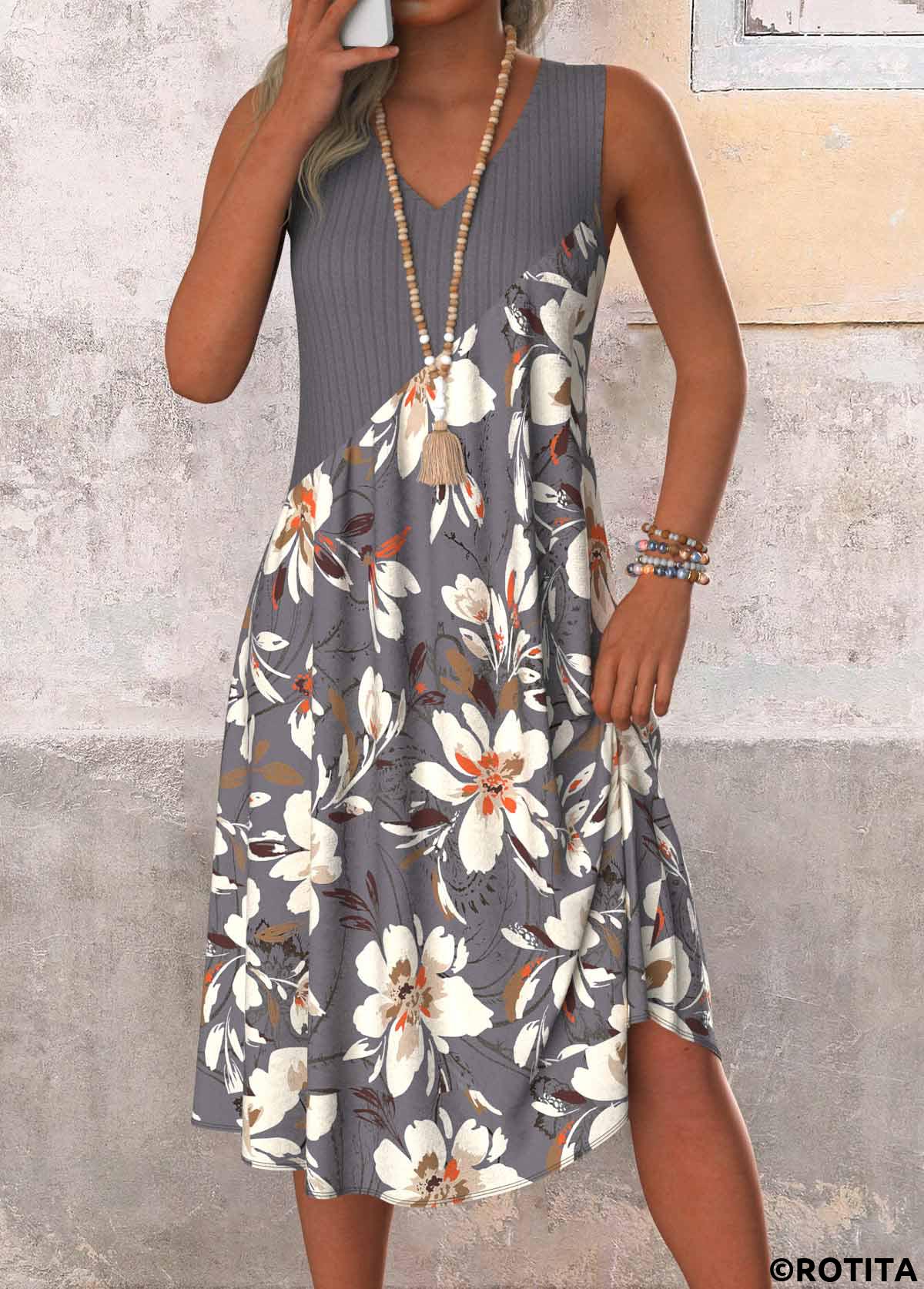 Dark Grey dresses,Floral dresses,Plants dresses,Everyday dresses,Casual dresses,ROTITA Patchwork Floral Print Dark Grey A Line Sleeveless Dress
