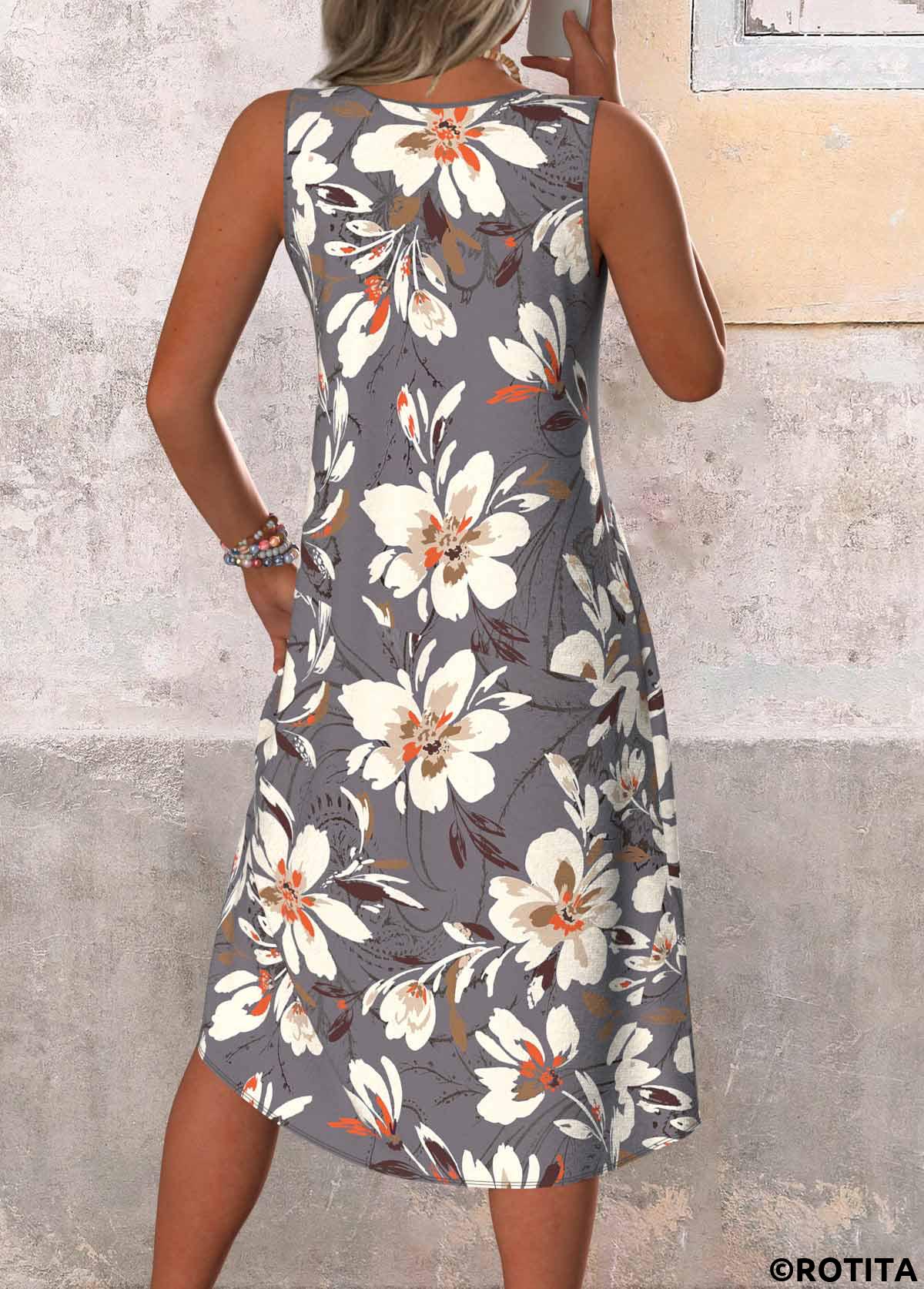 Dark Grey dresses,Floral dresses,Plants dresses,Everyday dresses,Casual dresses,ROTITA Patchwork Floral Print Dark Grey A Line Sleeveless Dress