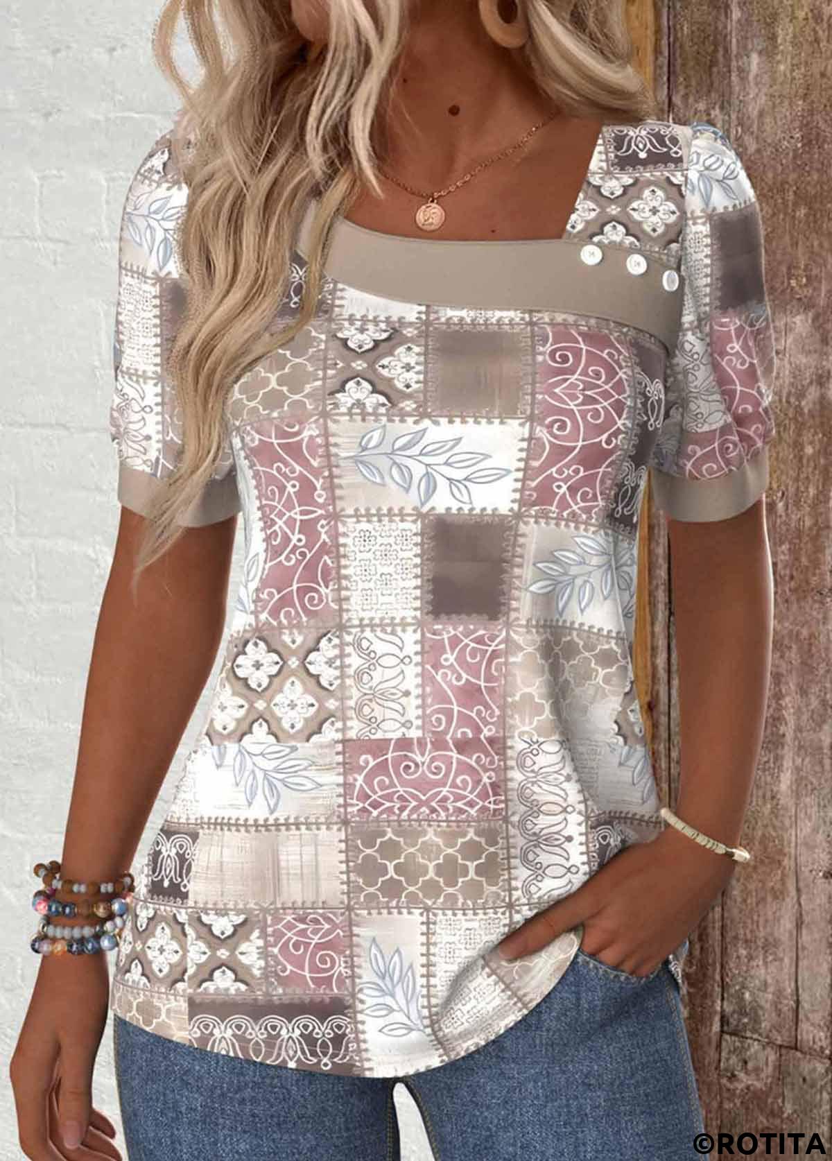Light Pink tops,Geometric tops,Tribal tops,ROTITA Patchwork Geometric Print Light Pink Asymmetrical Neck T Shirt