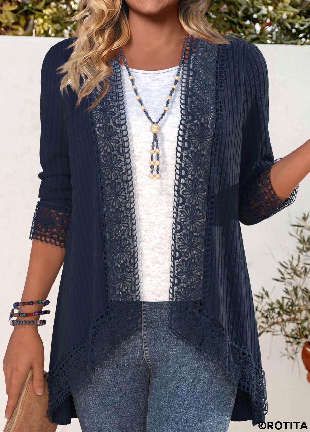 Navy tops,Plain Color tops,ROTITA Embroidery Navy Long Sleeve Light Cardigan