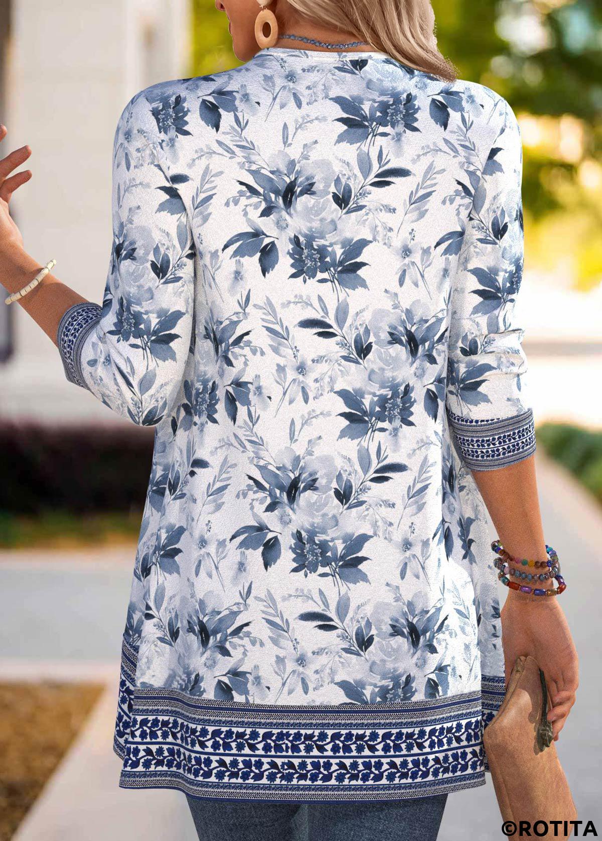 Navy tops,Floral tops,Plants tops,ROTITA Patchwork Floral Print Navy 3/4 Sleeve Light Cardigan