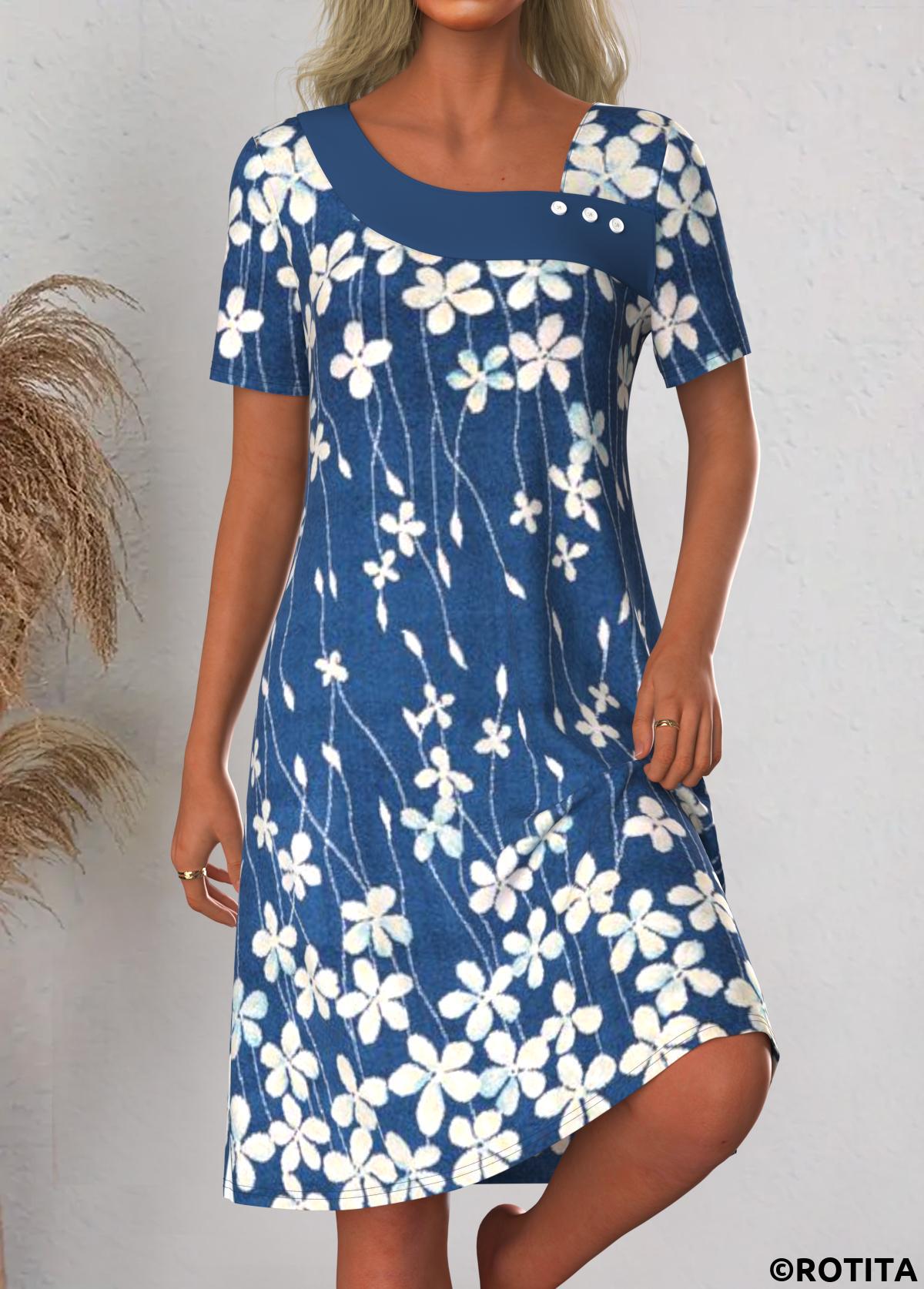 Blue dresses,Floral dresses,Plants dresses,Everyday dresses,Casual dresses,ROTITA Asymmetry Floral Print Blue A Line Asymmetrical Neck Dress