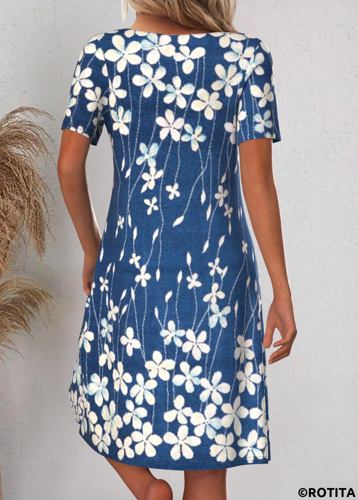 Blue dresses,Floral dresses,Plants dresses,Everyday dresses,Casual dresses,ROTITA Asymmetry Floral Print Blue A Line Asymmetrical Neck Dress