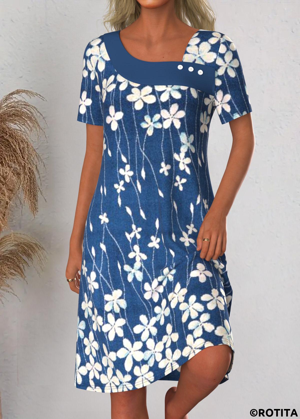 Blue dresses,Floral dresses,Plants dresses,Everyday dresses,Casual dresses,ROTITA Asymmetry Floral Print Blue A Line Asymmetrical Neck Dress