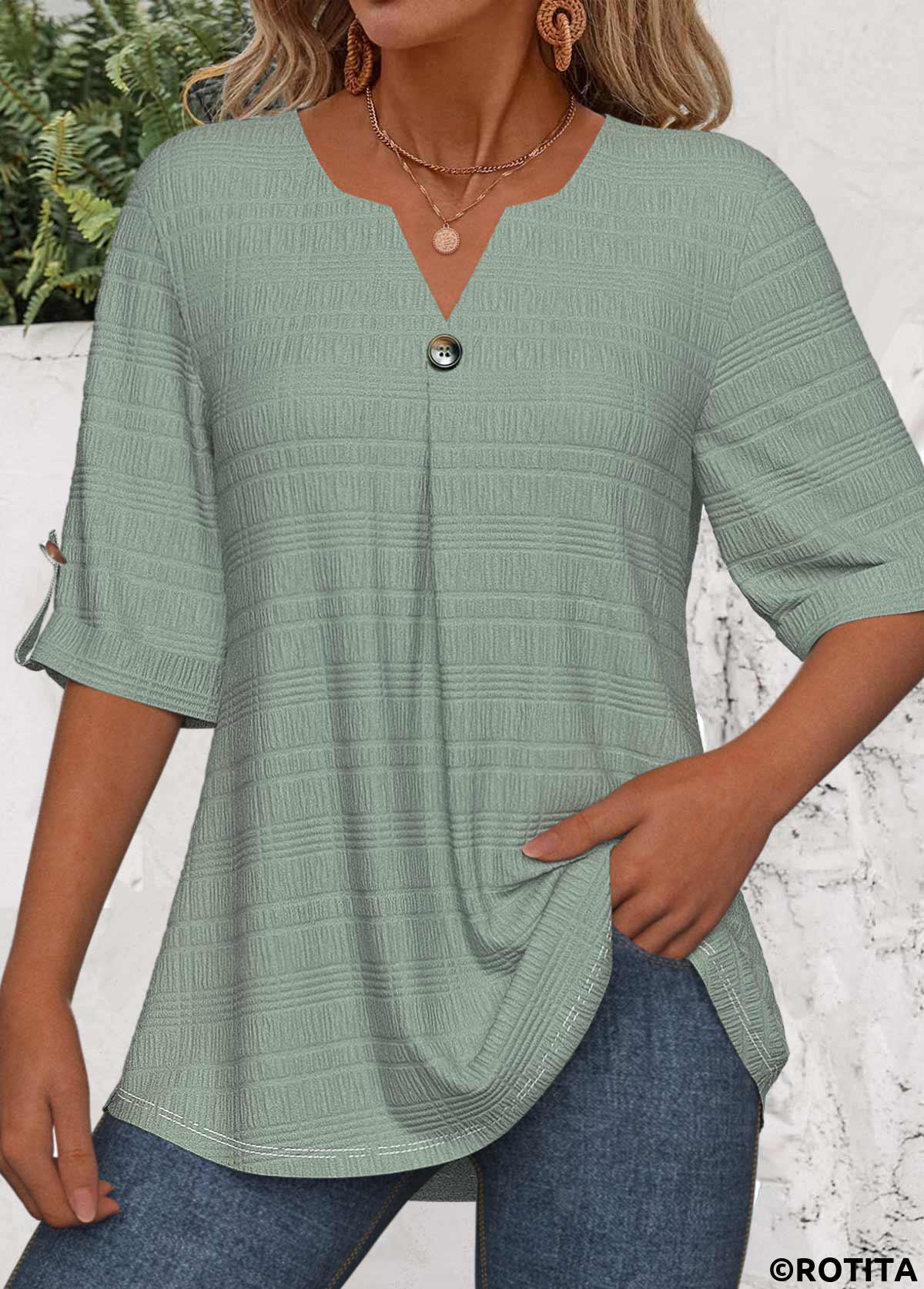 Green tops,Plain Color tops,ROTITA Button Green Split Neck 3/4 Sleeve Blouse