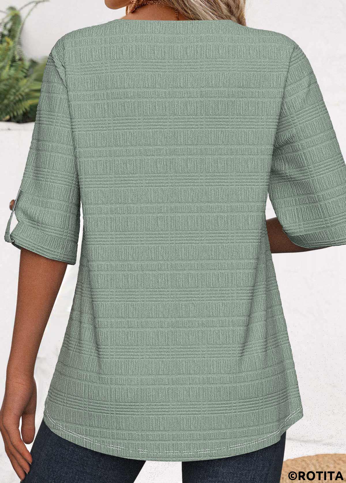 Green tops,Plain Color tops,ROTITA Button Green Split Neck 3/4 Sleeve Blouse