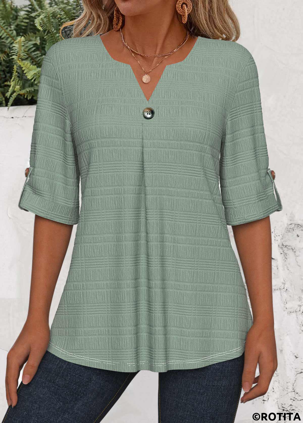 Green tops,Plain Color tops,ROTITA Button Green Split Neck 3/4 Sleeve Blouse