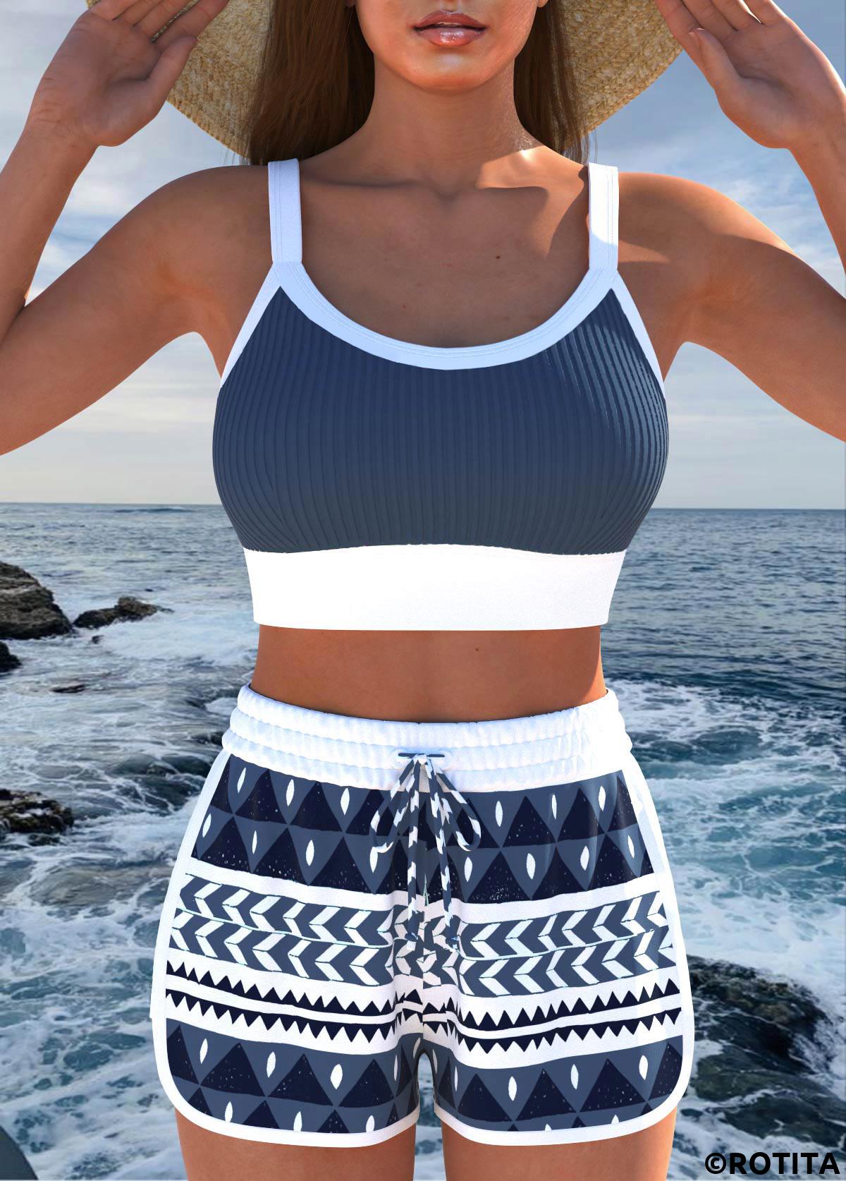 ensemble de bikini à imprimé géométrique bleu foncé avec bordure contrastante Rotita