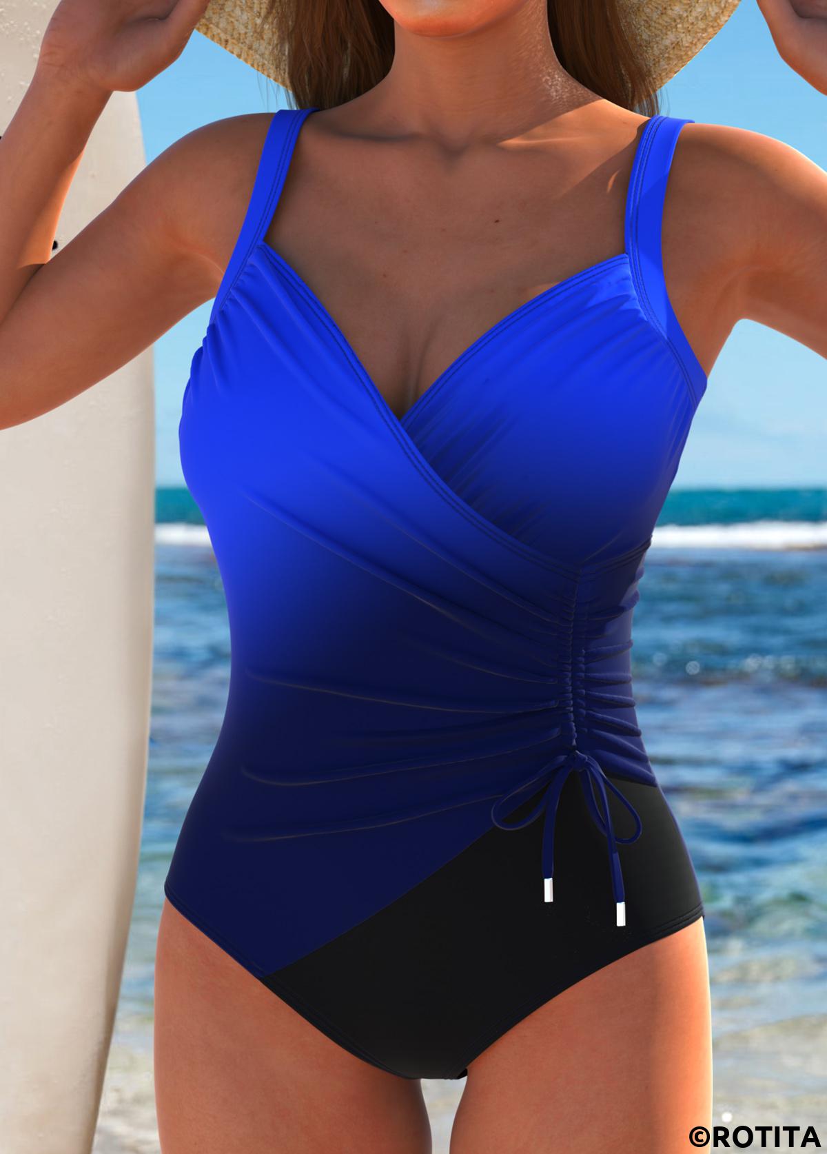 Royal Blue swimwear,Navy swimwear,Ombre swimwear,ROTITA Drawstring Royal Blue Ombre One Piece Swimwear