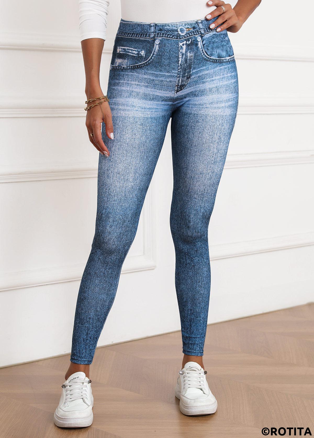 Denim Blue bottoms,Denim-Effect Print bottoms,Denim-effect Print Denim Blue Skinny Elastic Waist Pants