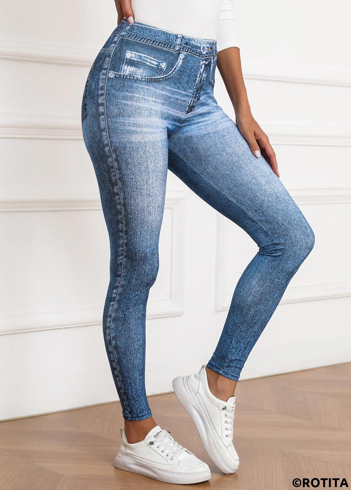 Denim Blue bottoms,Denim-Effect Print bottoms,Denim-effect Print Denim Blue Skinny Elastic Waist Pants