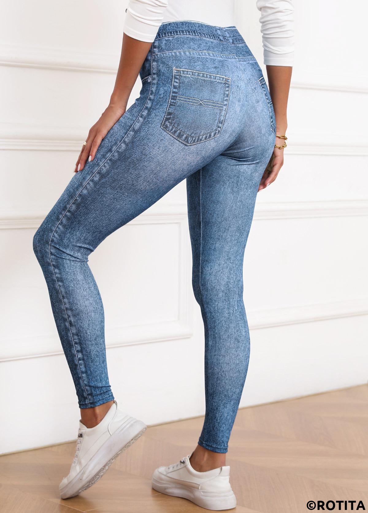 Denim Blue bottoms,Denim-Effect Print bottoms,Denim-effect Print Denim Blue Skinny Elastic Waist Pants
