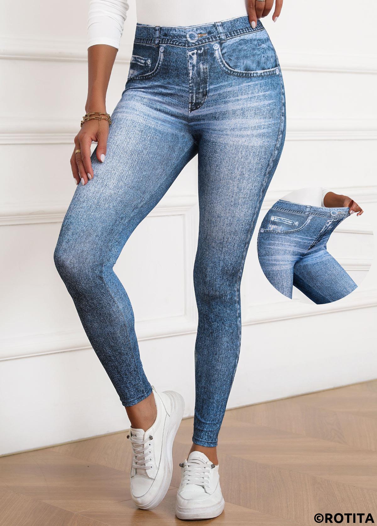 Denim Blue bottoms,Denim-Effect Print bottoms,Denim-effect Print Denim Blue Skinny Elastic Waist Pants