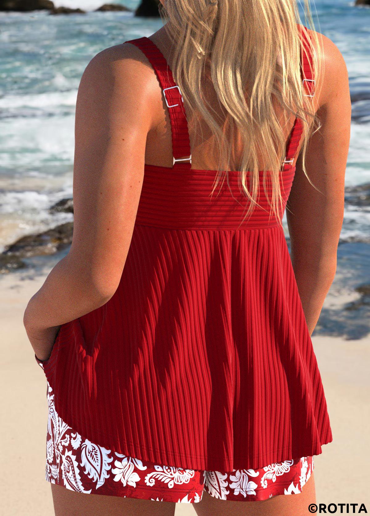 Red swimwear,Plants swimwear,Floral swimwear,ROTITA Surplice Red Random Floral Print Tankini Set